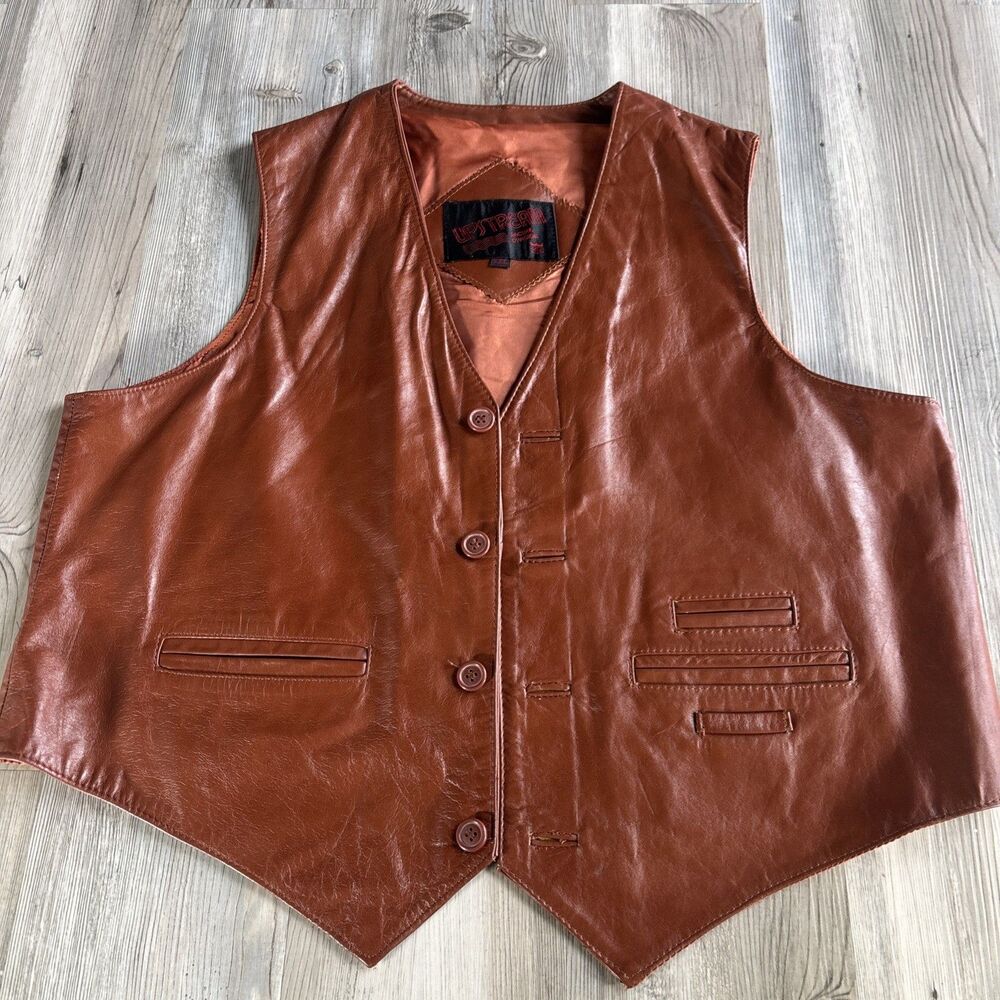 Upstream Racing Motorcycle Genuine Leather Brown Vest Western Cowboy Size XXL